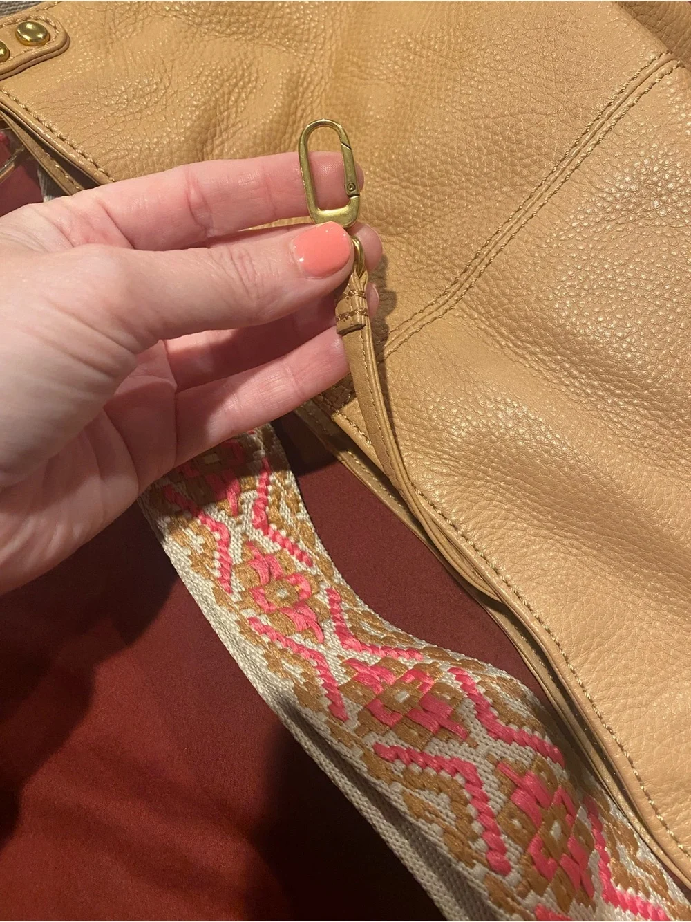HOBO Tan Pebbled Leather Hobo with Patterned Adjustable Strap